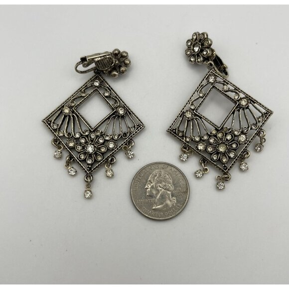 Vintage Silver Tone Dangle Earrings Clip Clear Rhinestones 2.5" - Picture 13 of 13